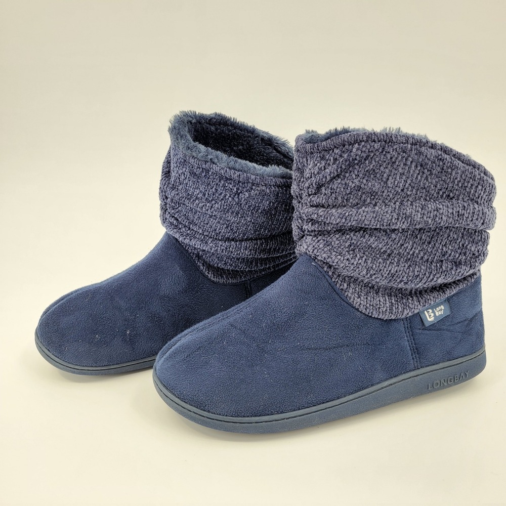 Navy Blue Bootie Slippers Women Size 7 8 Indoor Outdoor Slouchy Knit Faux Fur
